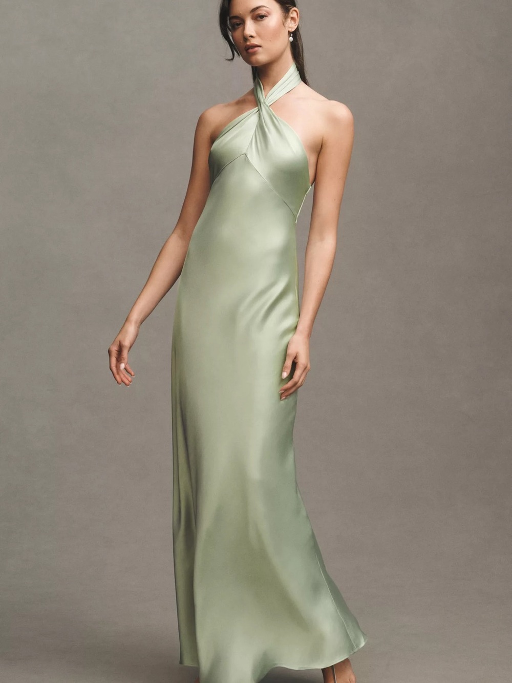 BHLDN Selma Sage Green Halter-Neck Satin Maxi Wedding Dress